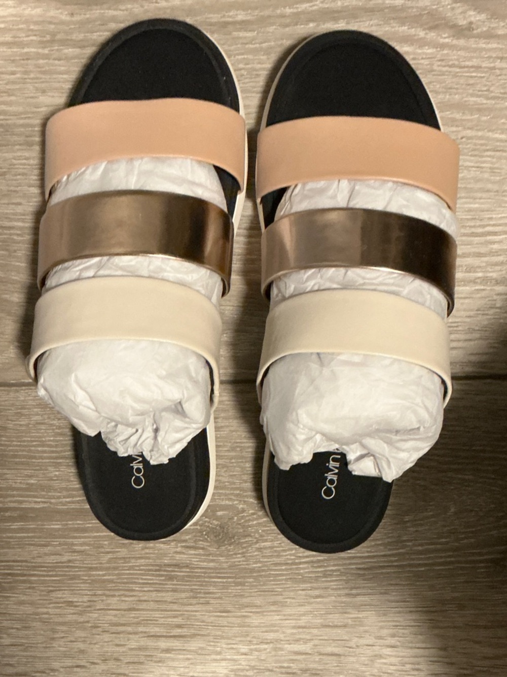 Calvin Klein Women’s Triple-Strap Slide Sandals in Blush/Metallic